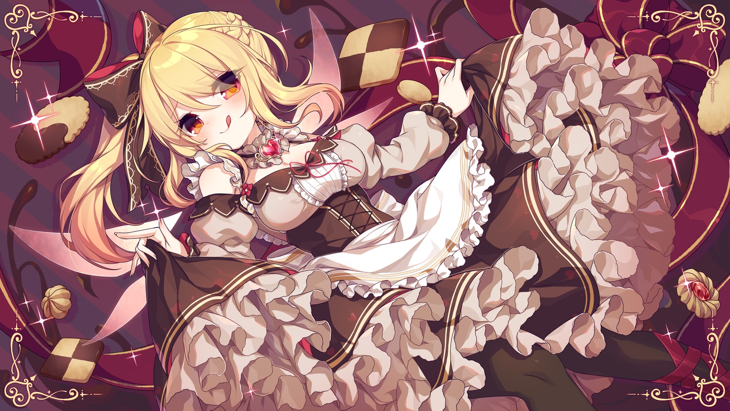blonde_hair, blush, bow, braids, breasts, chocolate, cleavage, fio_miyuki