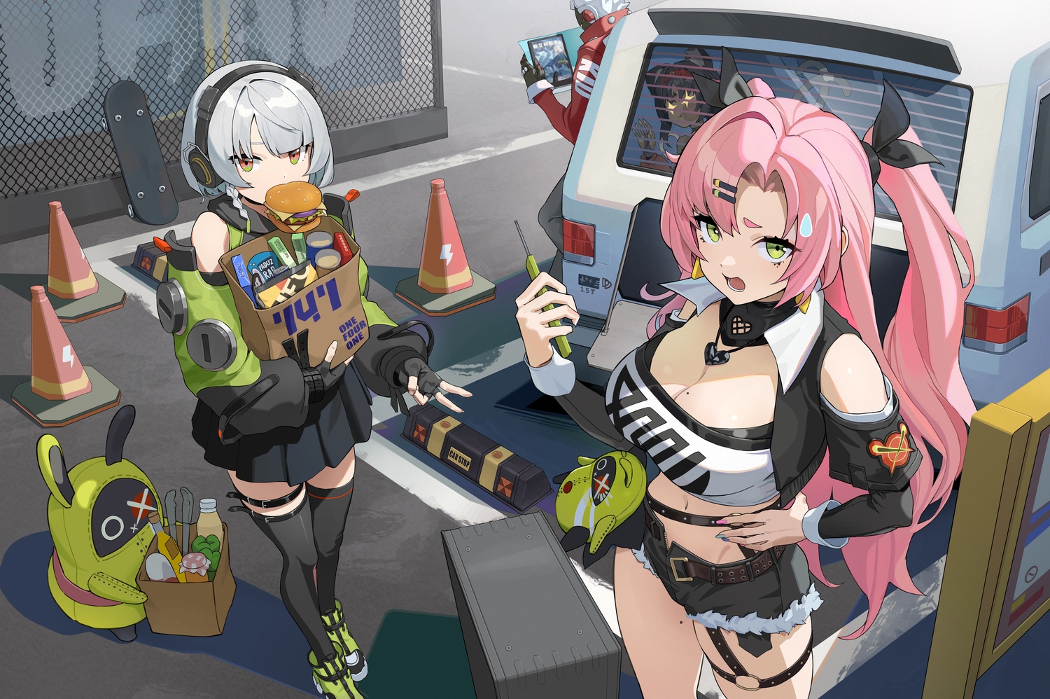 anby_demara, animal_ears, billy_kid, black_hair, braids, breasts, car, catgirl, cleavage, food, garter, gloves, gray_hair, green_eyes, group, headphones, ildy, long_hair, male, navel, nekomiya_mana, nicole_demara, pink_hair, robot, short_hair, shorts, skirt, thighhighs, twintails, zenless_zone_zero, zettai_ryouiki