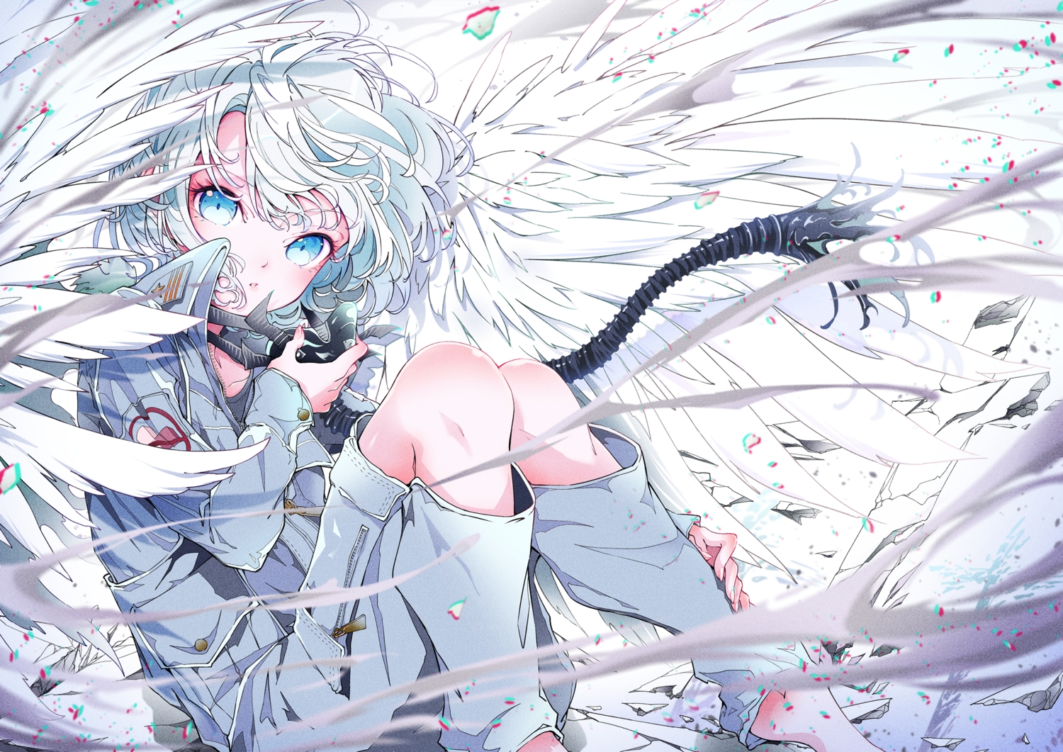 aqua_eyes, barefoot, mask, muto_(n0sug4r), original, short_hair, white_hair, wings