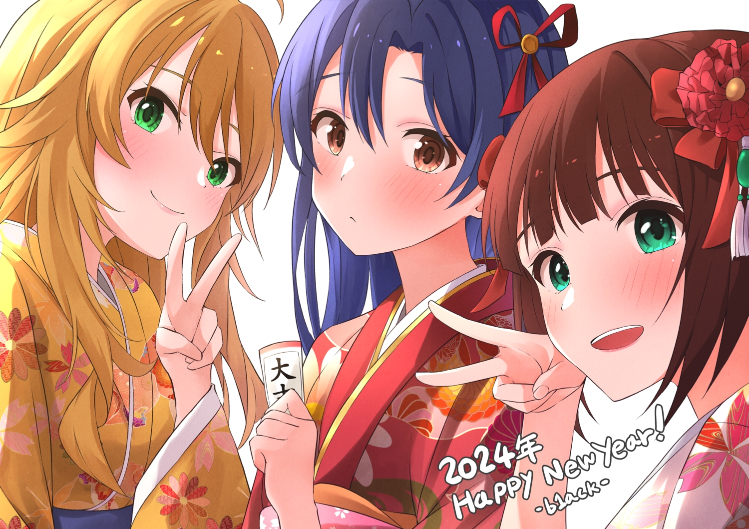 amami_haruka, b1ack_illust, blonde_hair, blush, brown_eyes, brown_hair, close, green_eyes, group, hoshii_miki, idolmaster, japanese_clothes, kimono, kisaragi_chihaya, long_hair, purple_hair, ribbons, signed, white