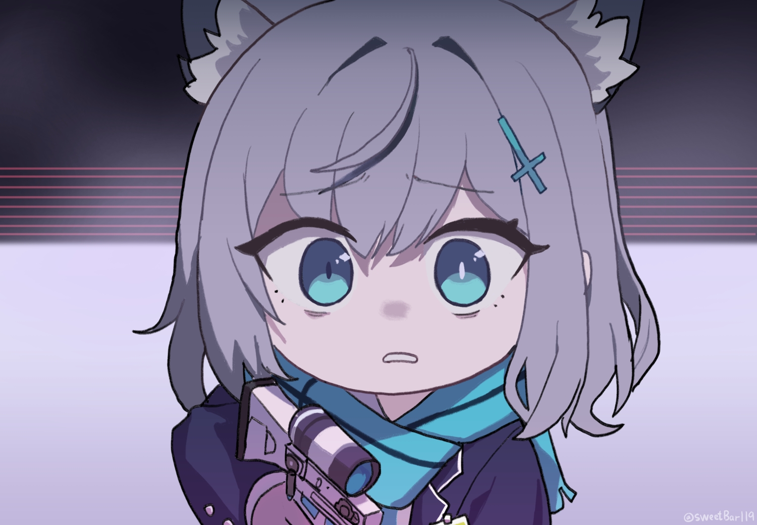 animal_ears, aqua_eyes, blue_archive, chibi, close, gray_hair, gun, scarf