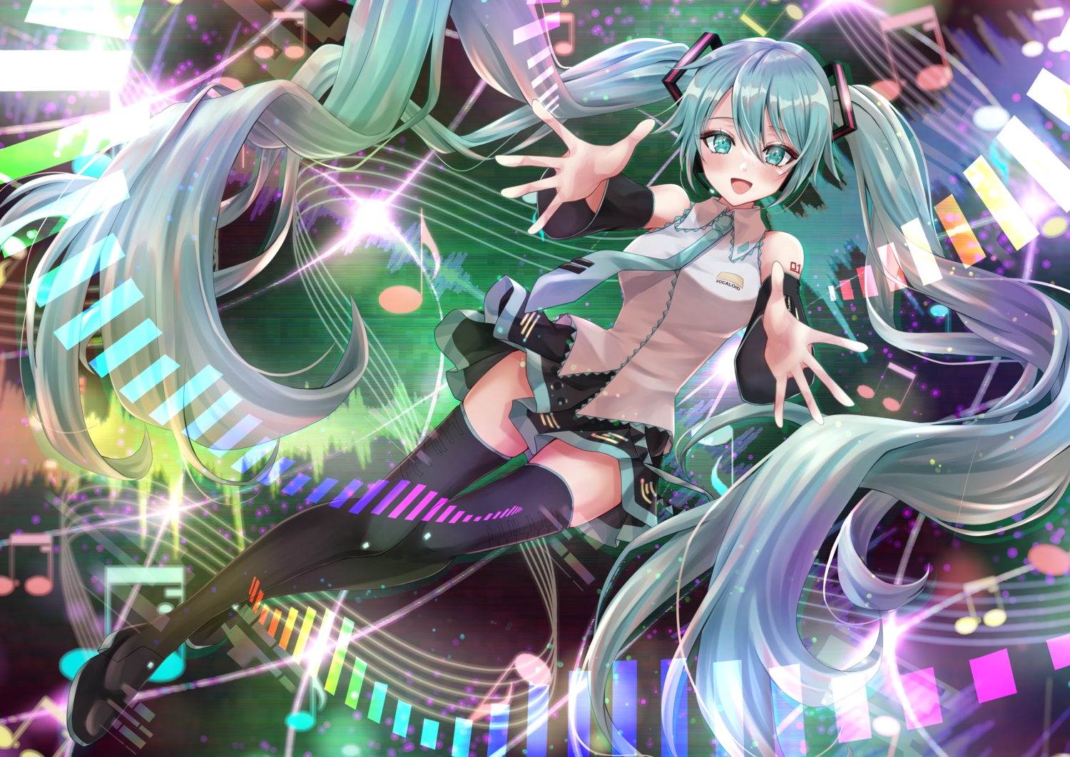 aliasing, allymidorikawa, aqua_eyes, aqua_hair, blush, boots, hatsune_miku, long_hair, music, shirt, skirt, tattoo, thighhighs, twintails, vocaloid, zettai_ryouiki