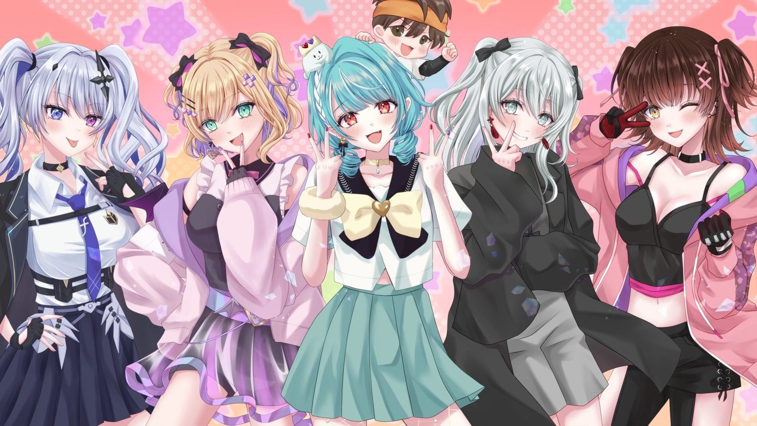 allymidorikawa, aqua_hair, bicolored_eyes, blonde_hair, blush, bow, braids, breasts