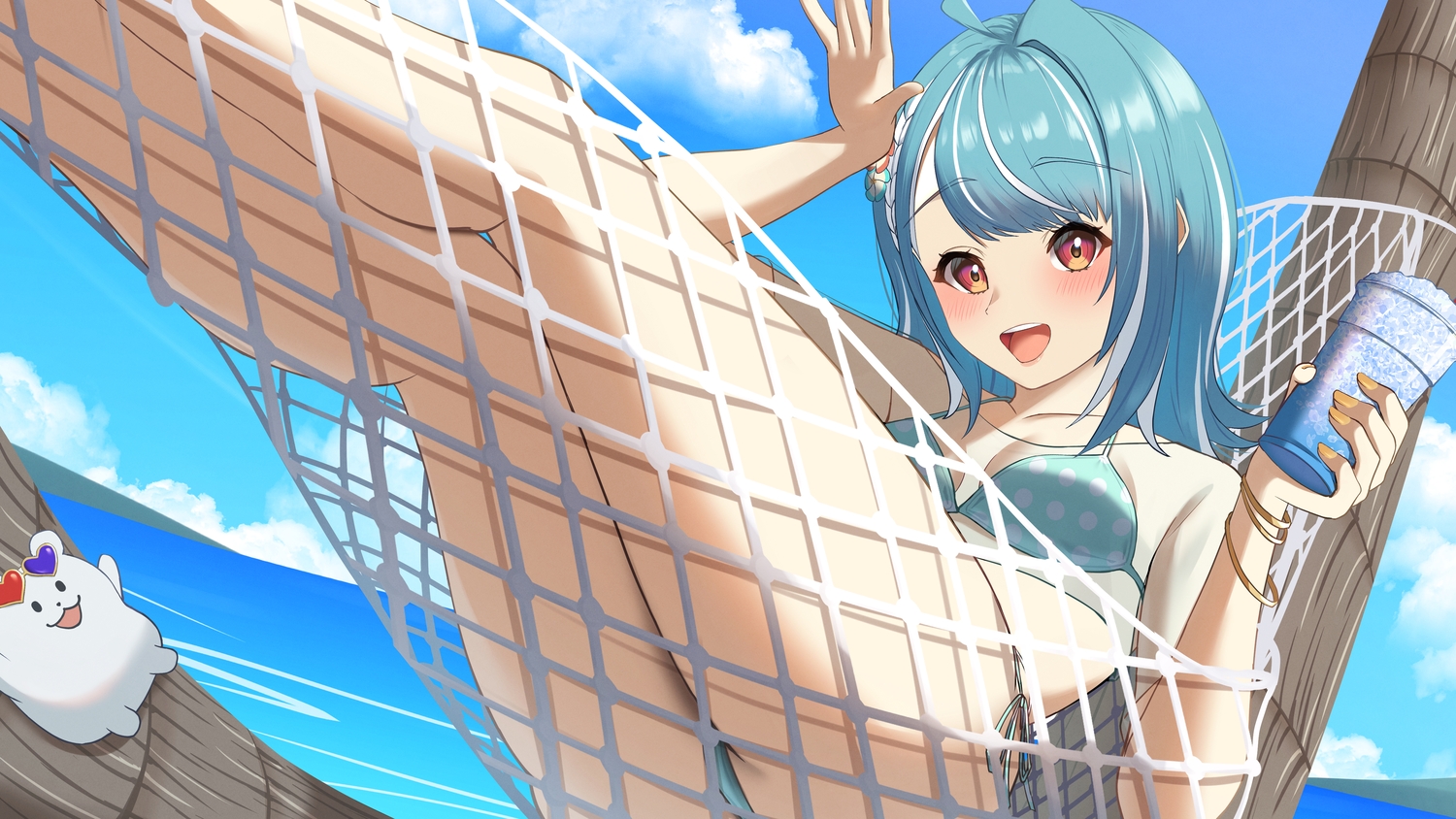 animal, aqua_hair, bear, bikini, blush, braids, clouds, drink, hyon_2525, long_hair, red_eyes, shiranami_ramune, sky, swimsuit, tree, vspo!, water