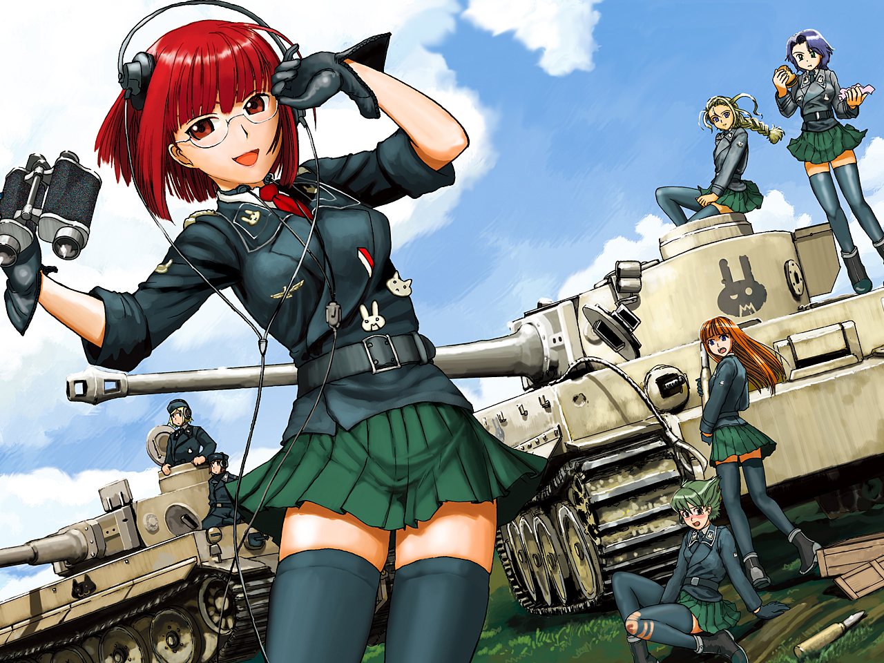 blonde_hair, blue_hair, blush, boots, braids, food, glasses, hat, headphones, long_hair, mecha, moeyo_sensha_gakkou, orange_hair, red_eyes, red_hair, short_hair, skirt, sky, tears, thighhighs, tie, tiger_i, torn_clothes, uniform
