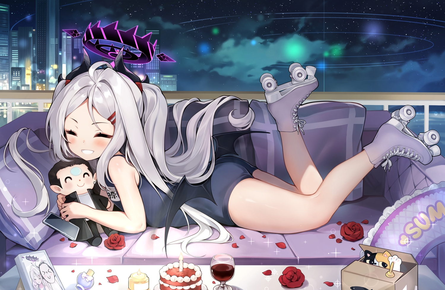 blue_archive, blush, building, cake, city, clouds, couch, doll