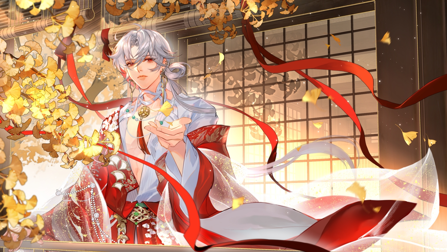 all_male, autumn, building, chinese_clothes, gray_hair, guaisen, hua_yi_shanxin_zhiyue, leaves