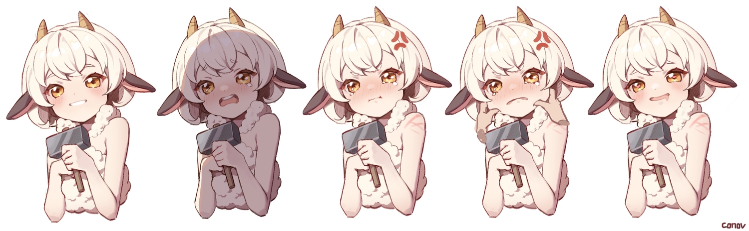 animal_ears, anthropomorphism, blush, flat_chest, horns, konbu_(hida123), lamball, palworld, scar, sheepgirl, short_hair, signed, tears, white, white_hair, yellow_eyes