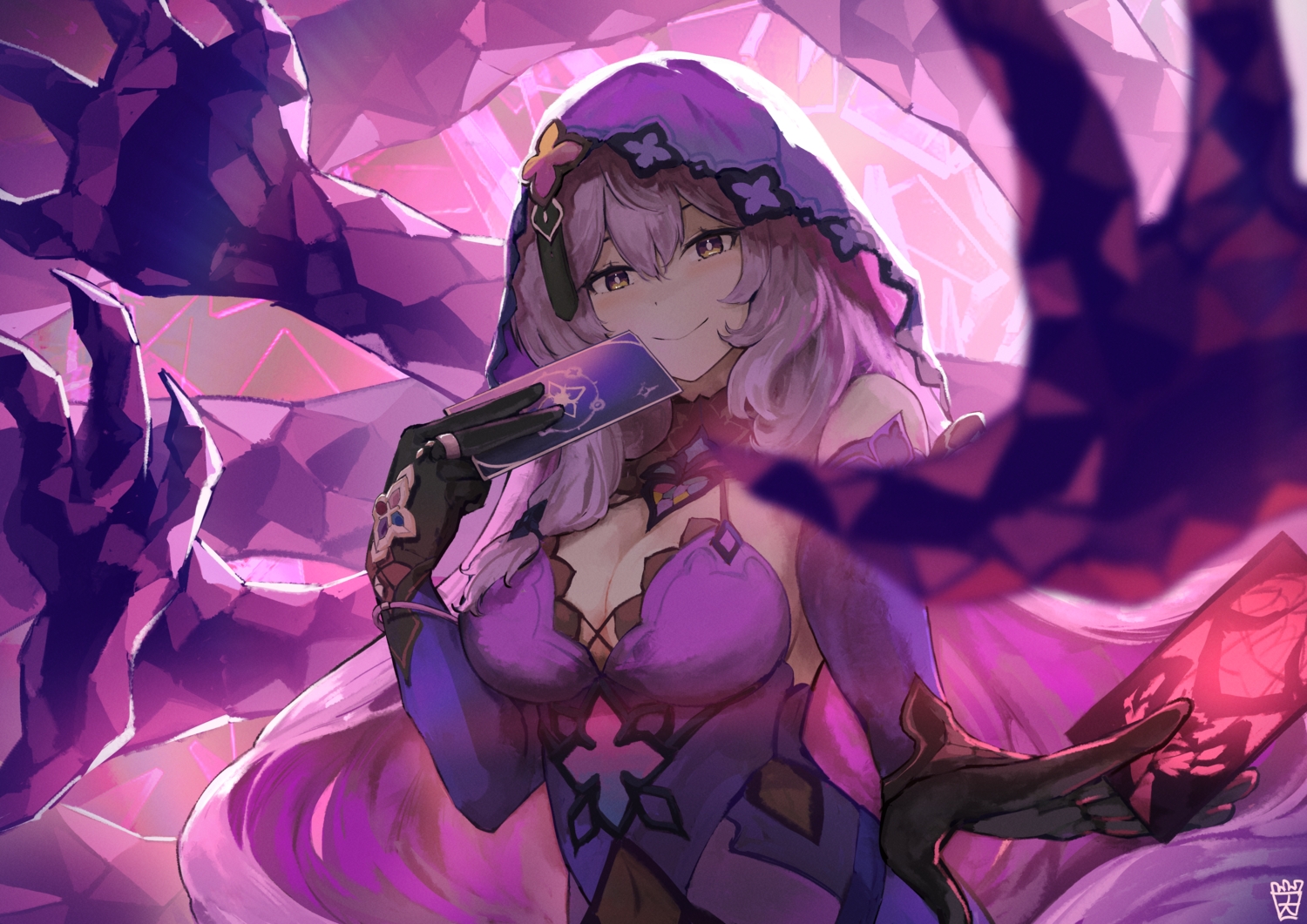 black_swan_(honkai:_star_rail), breasts, cleavage, elbow_gloves, gloves, headdress, honkai_(series), honkai:_star_rail, long_hair, magic, navel, ootato, purple_eyes, purple_hair, signed