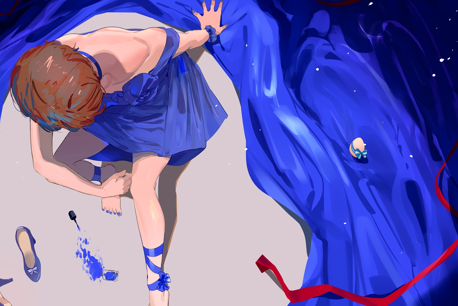 barefoot, bow, brown_hair, choker, dress, okpriko, ribbons, sawaki_momoe, short_hair, sketch, wonder_egg_priority