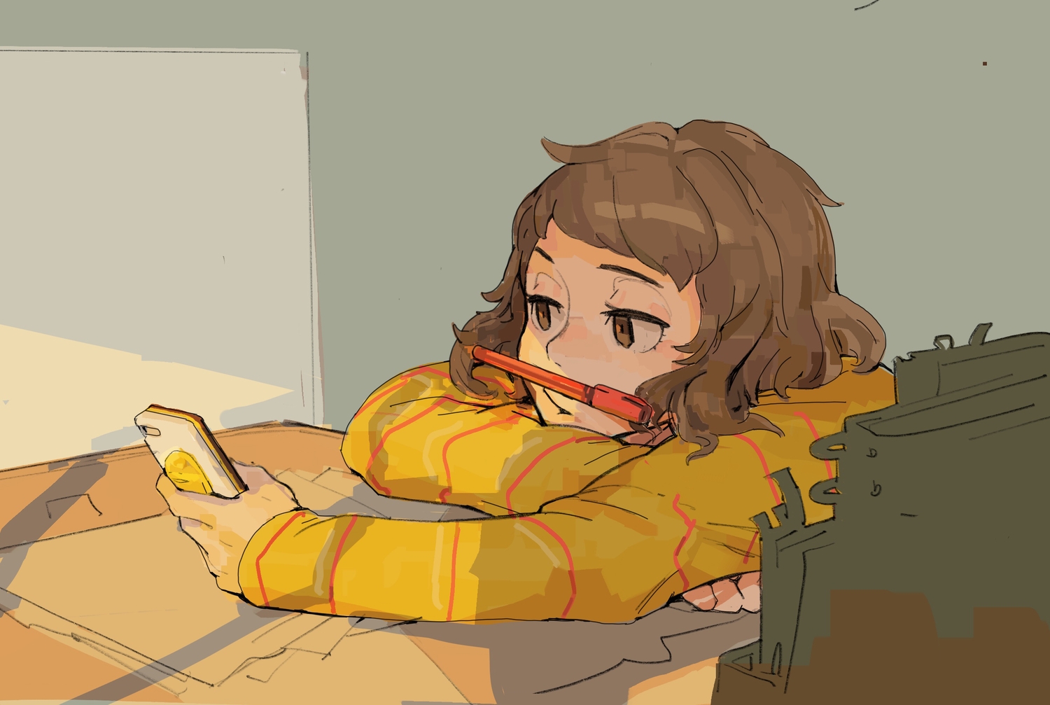 antiquewhite, brown_eyes, brown_hair, kawakami_sadayo, persona, persona_5, phone, short_hair