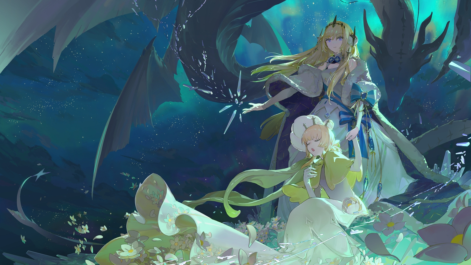2girls, alchemy_stars, antiquewhite, bethlehem_(alchemy_stars), blonde_hair, clouds, dragon, dress