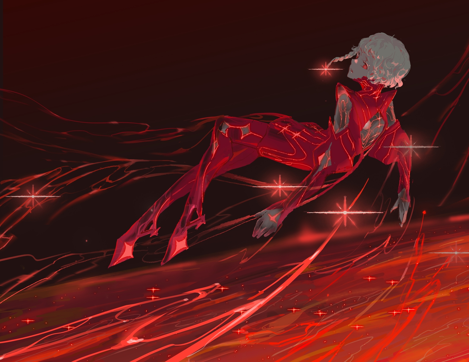 antiquewhite, armor, armored_core, armored_core_6, ayre_(armored_core_6), bodysuit, braids, polychromatic, red, red_eyes, short_hair, white_hair