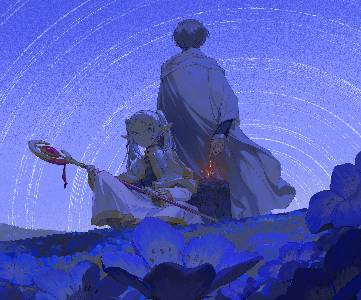 antiquewhite, boots, cape, dark, dress, fireworks, flowers, frieren