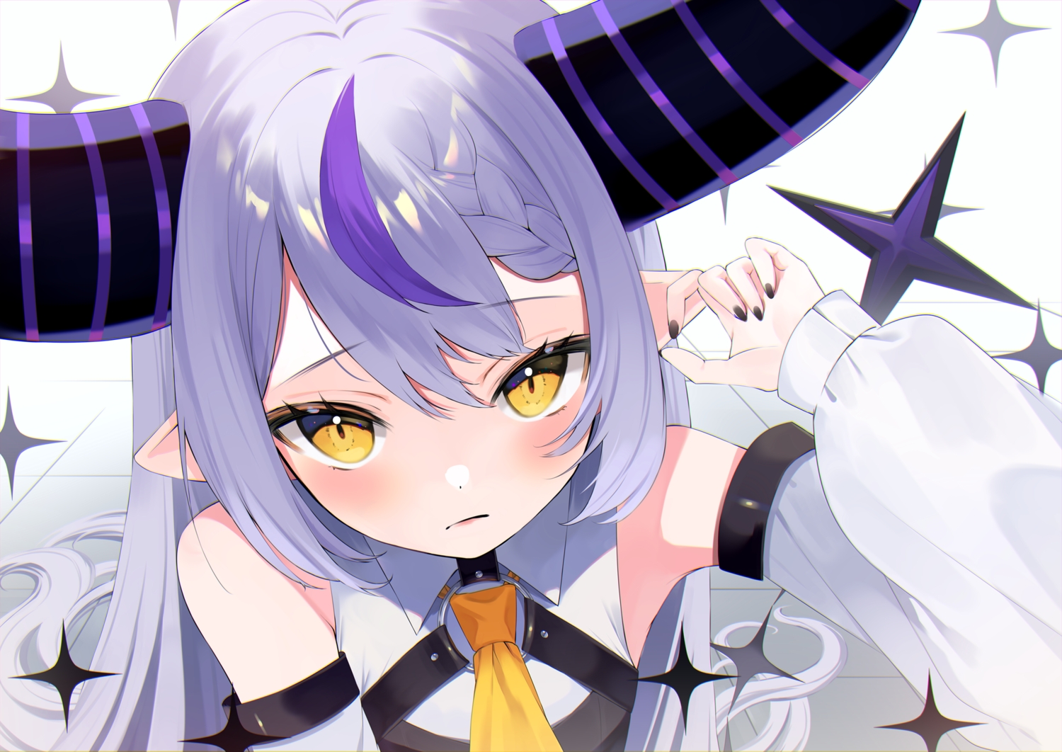 blush, braids, close, dadada, demon, flat_chest, garter, gray_hair