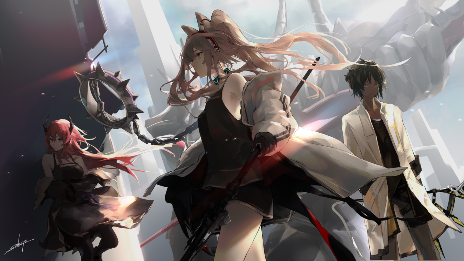 angelina_(arknights), animal_ears, arknights, black_hair, blue_eyes, breasts, brown_eyes, brown_hair, building, choker, cleavage, dark_skin, foxgirl, garter, gloves, headband, hood, horns, long_hair, male, pantyhose, red_hair, sakusyo, short_hair, signed, sky, staff, surtr_(arknights), thorns_(arknights), yellow_eyes