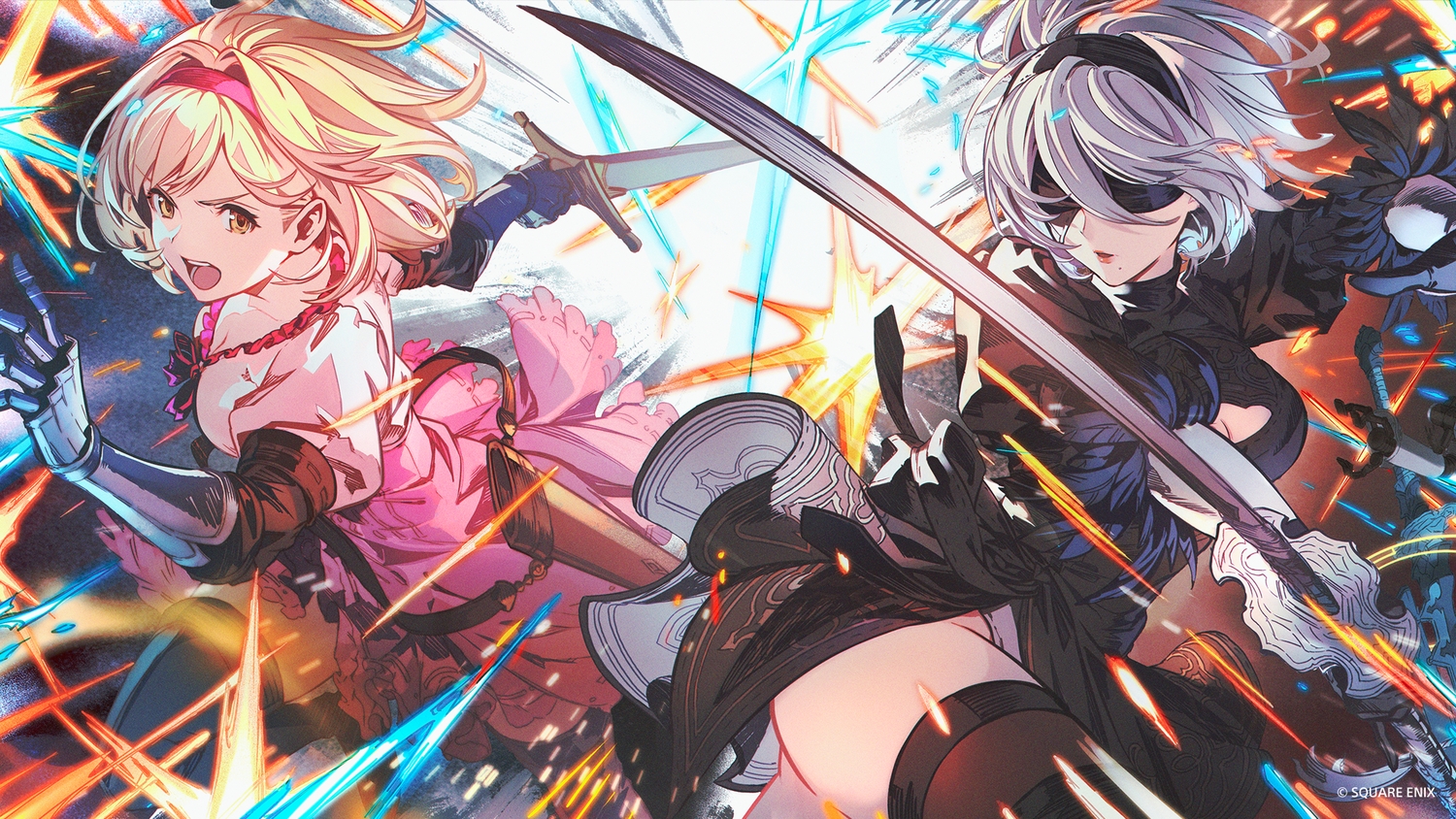 2girls, armor, blindfold, blonde_hair, boots, breasts, brown_eyes, cleavage
