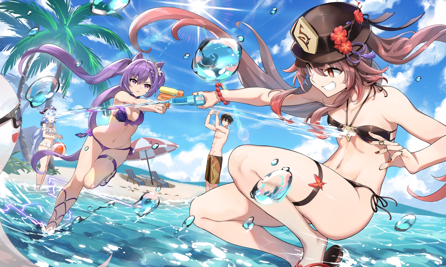 ball, bell, bikini, black_hair, blue_hair, breasts, brown_hair, choker