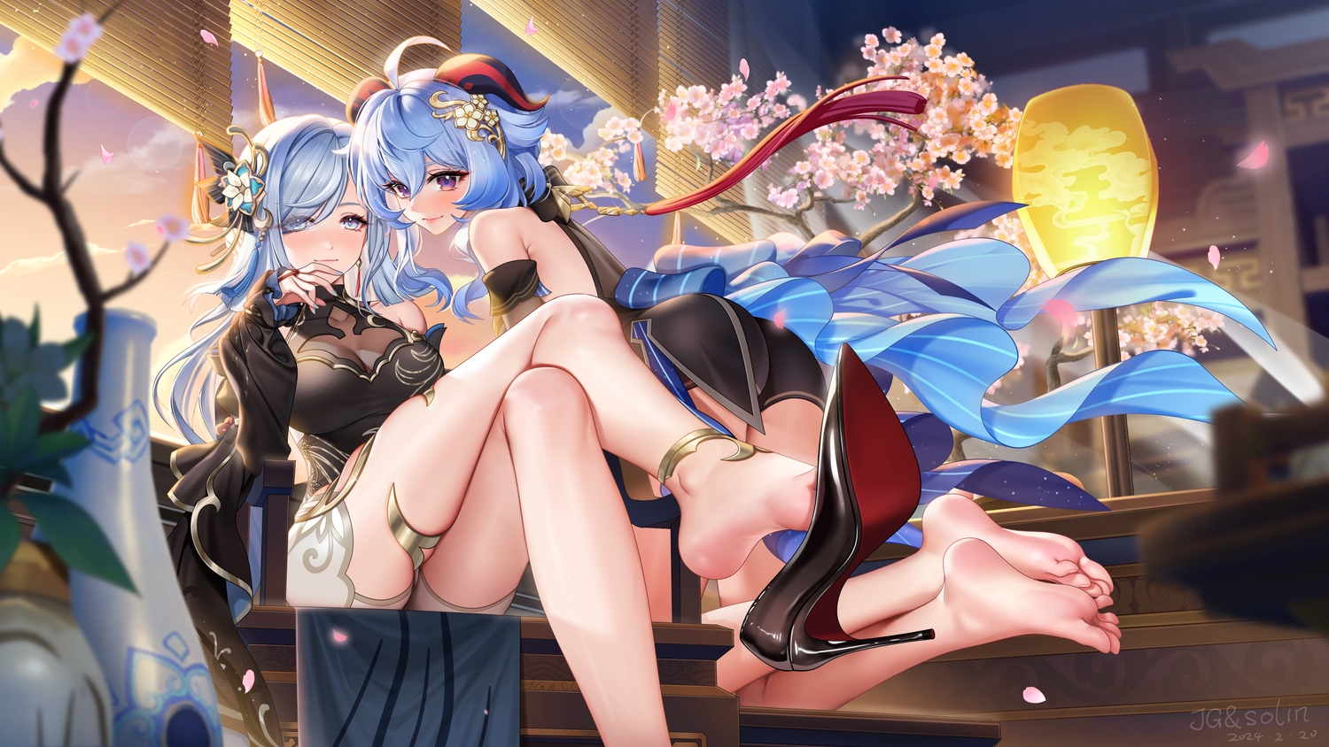 2girls, aqua_eyes, ass, barefoot, blue_hair, blush, breasts, cherry_blossoms