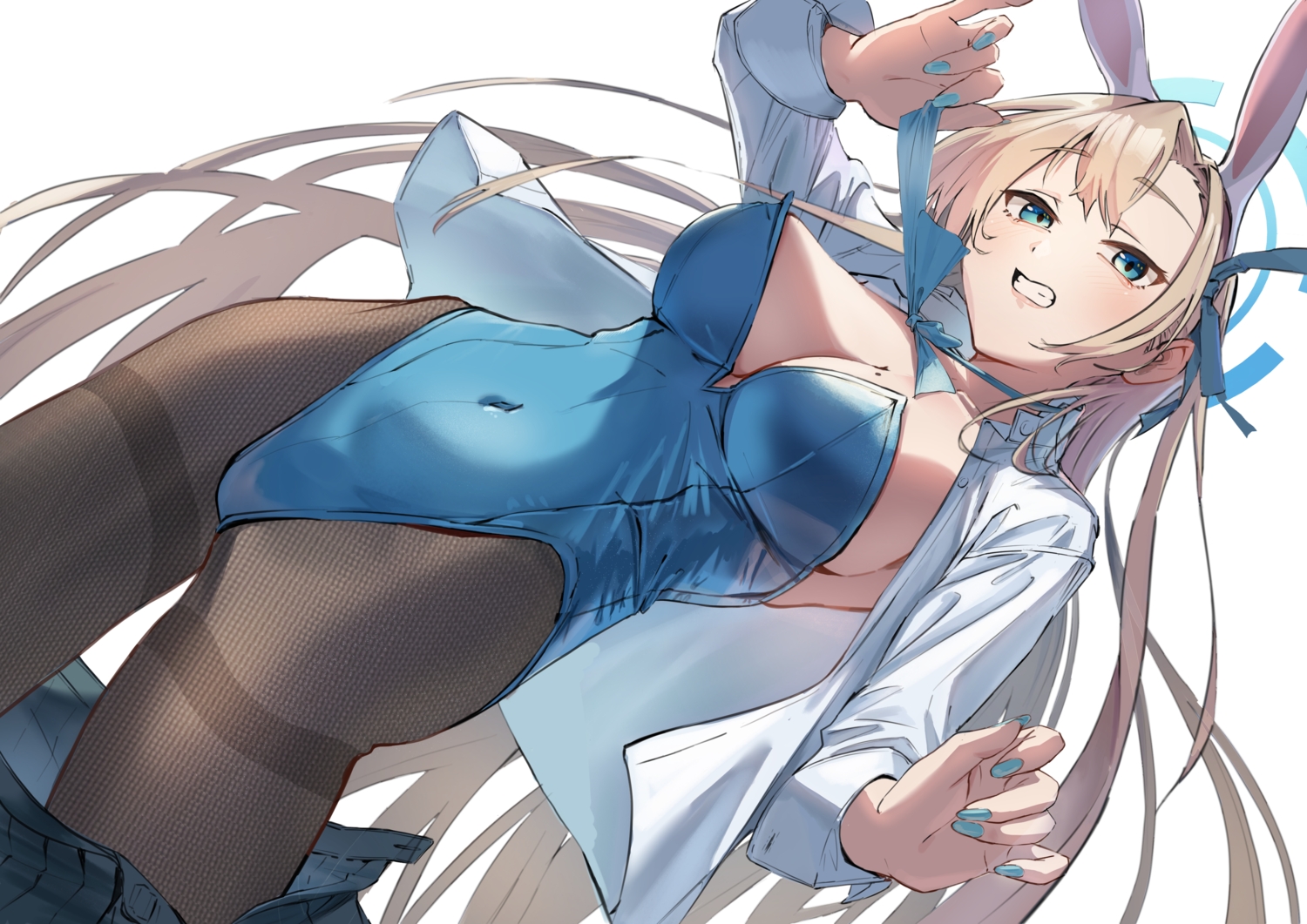 animal_ears, aqua_eyes, blonde_hair, blue_archive, blush, bow, breasts, bunny_ears, bunnygirl, halo, headband, ichinose_asuna, leotard, long_hair, naka1379, open_shirt, pantyhose, ribbons, shirt, sketch, skirt, undressing, white