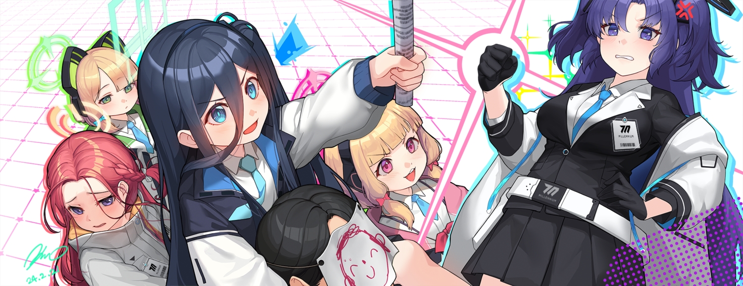 aliasing, animal_ears, black_hair, blonde_hair, blue_archive, blue_eyes, blush, bow, braids, breasts, dualscreen, gloves, green_eyes, group, halo, hanaoka_yuzu, hayase_yuuka, headband, headphones, hood, loli, long_hair, mask, momera, pink_eyes, purple_eyes, purple_hair, red_hair, saiba_midori, saiba_momoi, school_uniform, sensei_(blue_archive), shirt, signed, skirt, tendou_arisu_(blue_archive), tie, twins, twintails