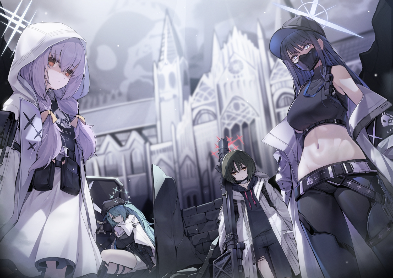 black_hair, blue_archive, blue_hair, bondage, bow, breasts, brown_eyes, building