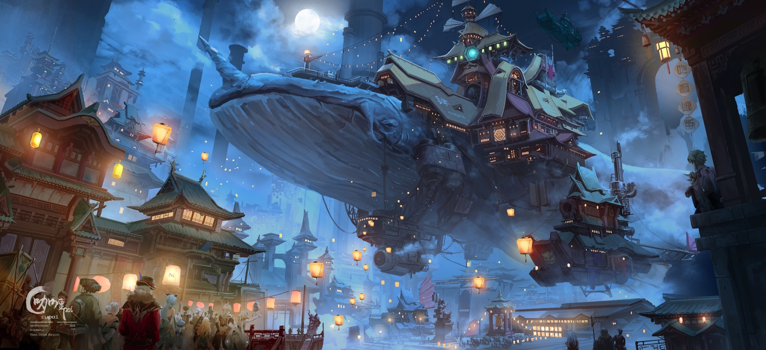 aether_(genshin_impact), airship, animal, building, chigalidepoi, city, clouds, fish