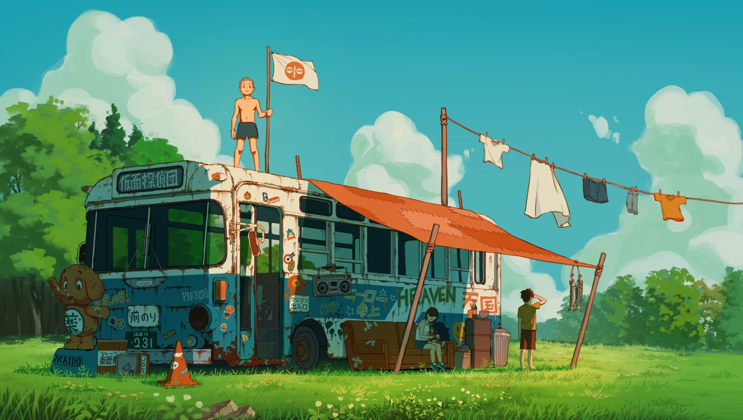 car, clouds, couch, food, grass, male, original, oukayu, scenic, shade, summer