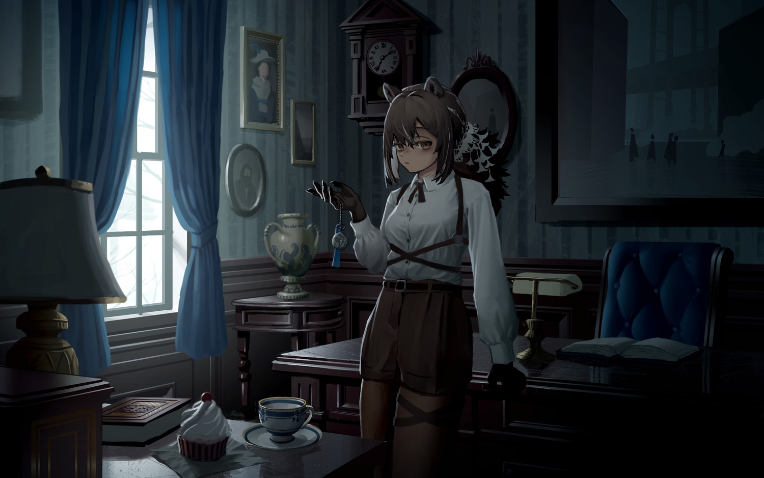aliasing, animal_ears, arknights, book, brown_eyes, brown_hair, cake, dark