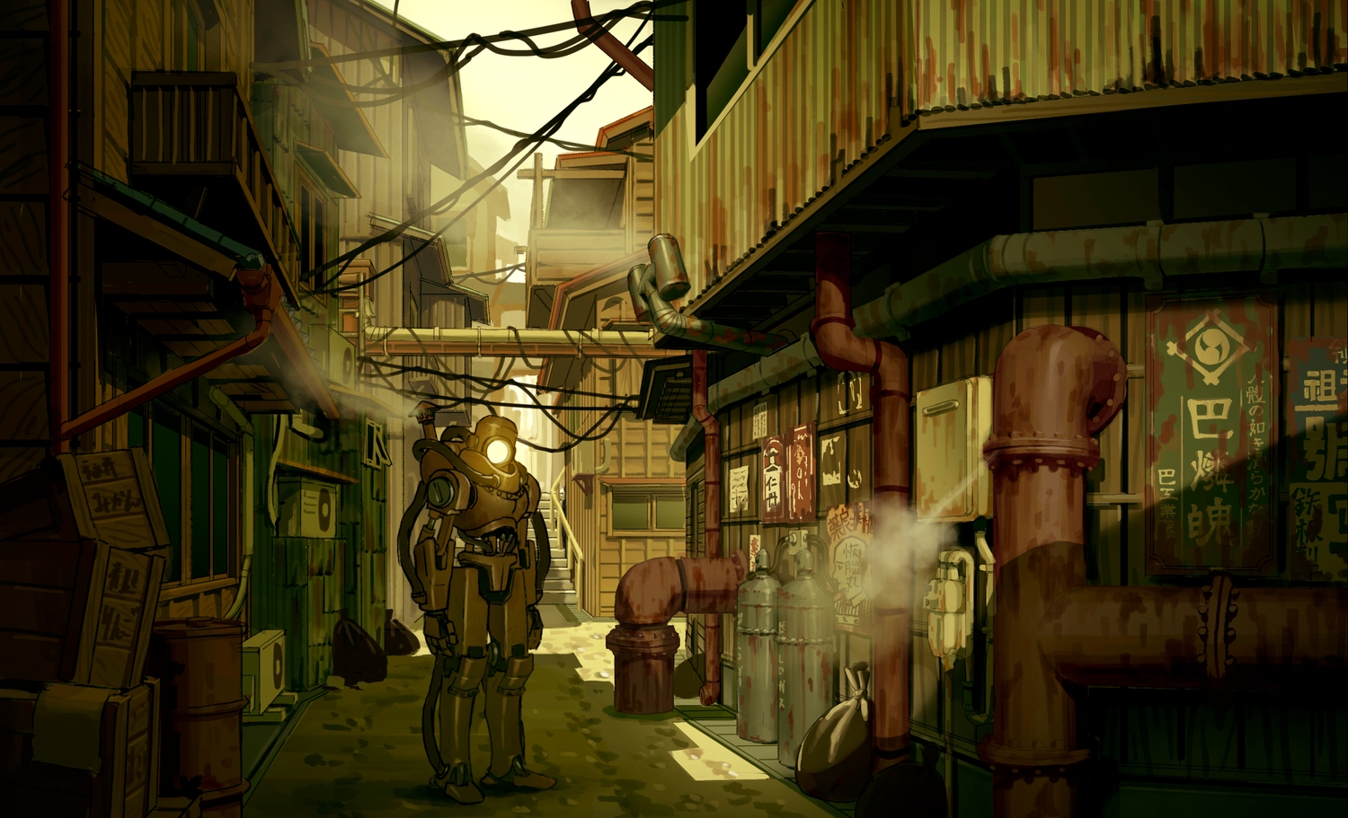 building, city, no_humans, original, oukayu, robot, scenic, shade