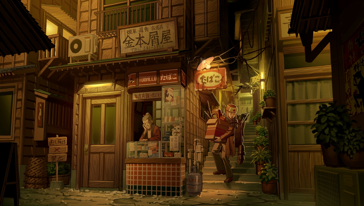 building, city, gray_hair, hat, japanese_clothes, leaves, male, night