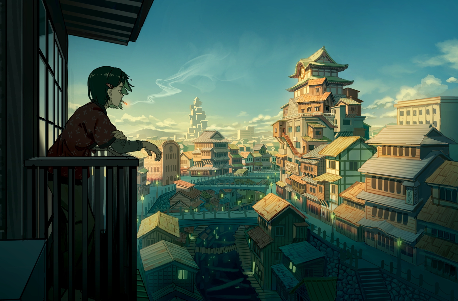 black_hair, building, cigarette, city, clouds, original, oukayu, scenic