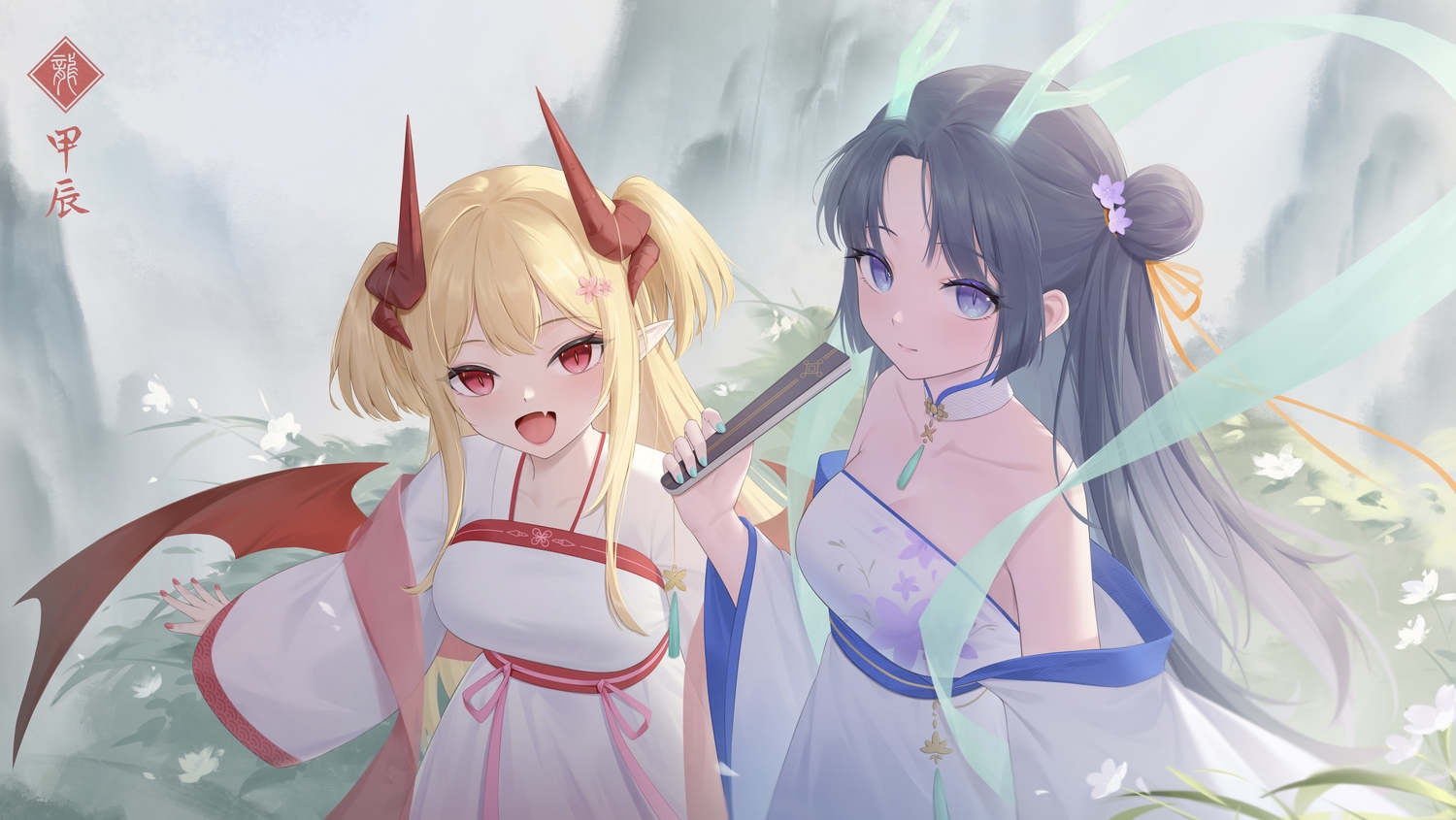 2girls, black_hair, blonde_hair, blush, breasts, chinese_clothes, choker, cleavage
