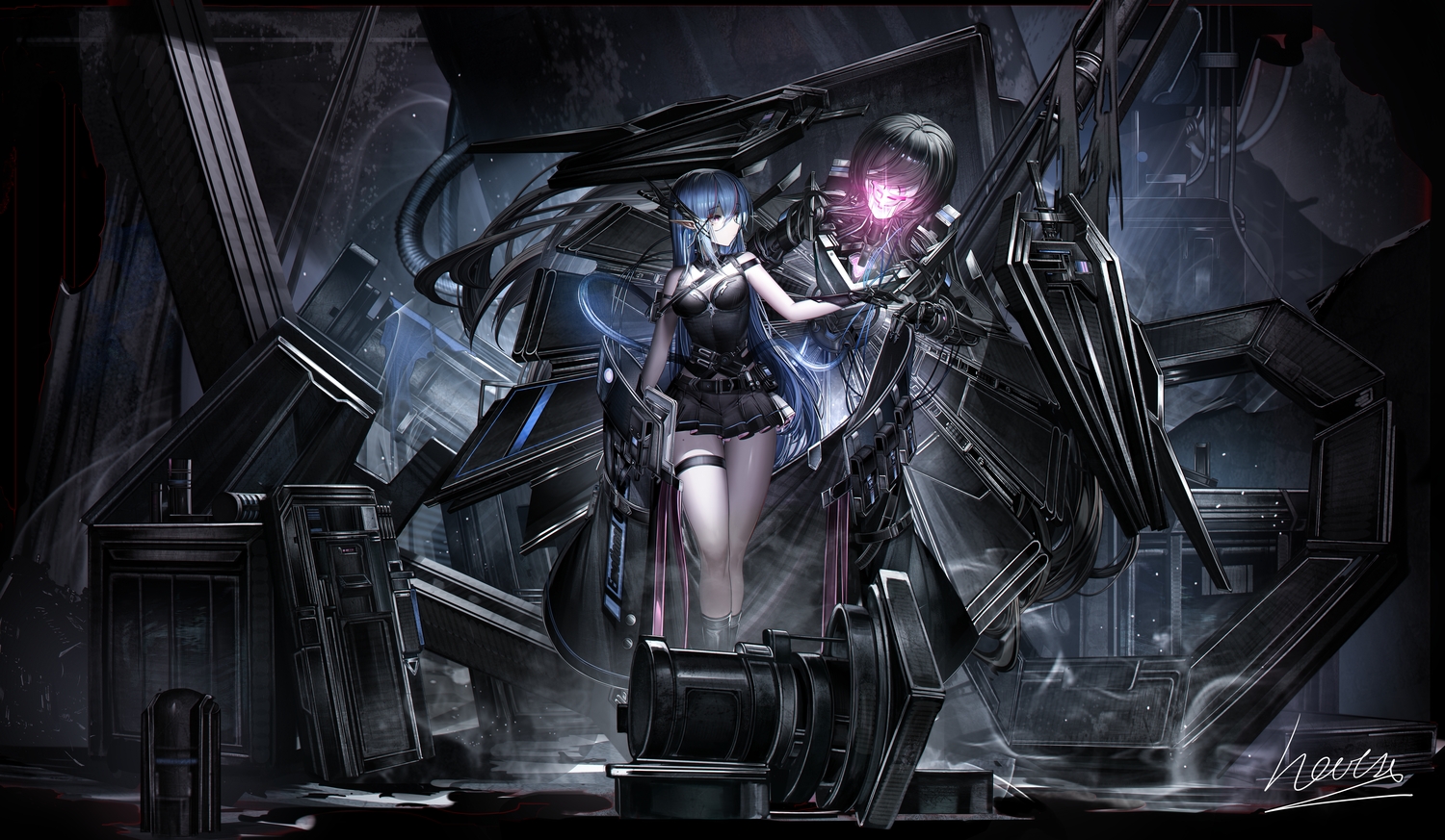 armor, blue_hair, boots, breasts, elbow_gloves, garter, gloves, heatia, horns, long_hair, mechagirl, original, pink_eyes, pointed_ears, signed, skirt