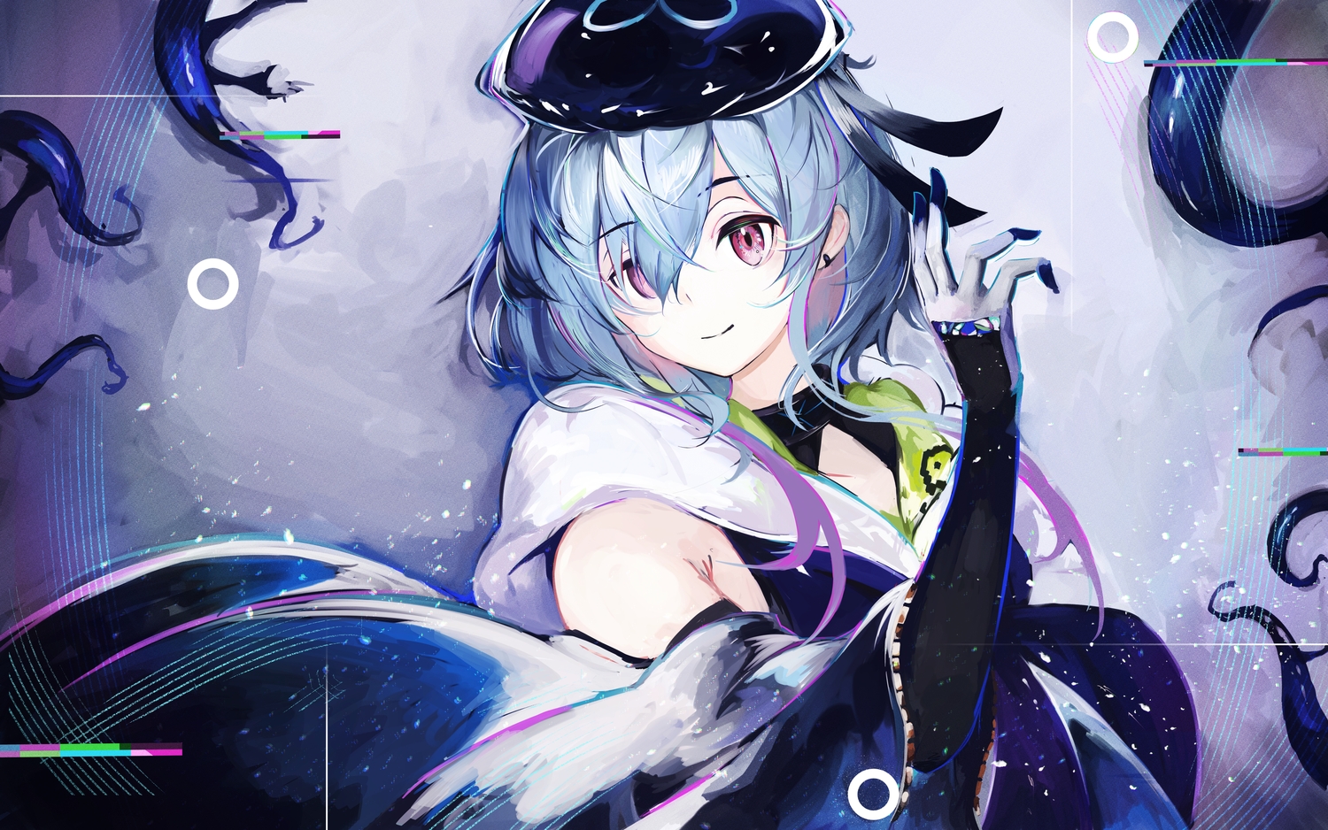 all_male, arknights, blue_hair, dress, elbow_gloves, gloves, hat, male