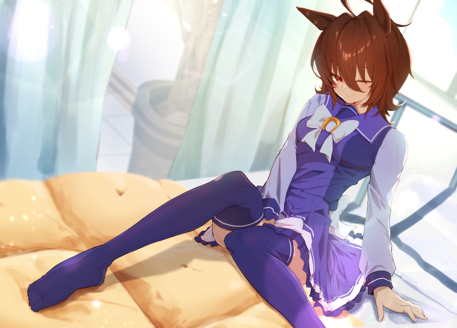 agnes_tachyon_(umamusume), aliasing, anthropomorphism, bed, bow, breasts, brown_hair, gorioshi0802