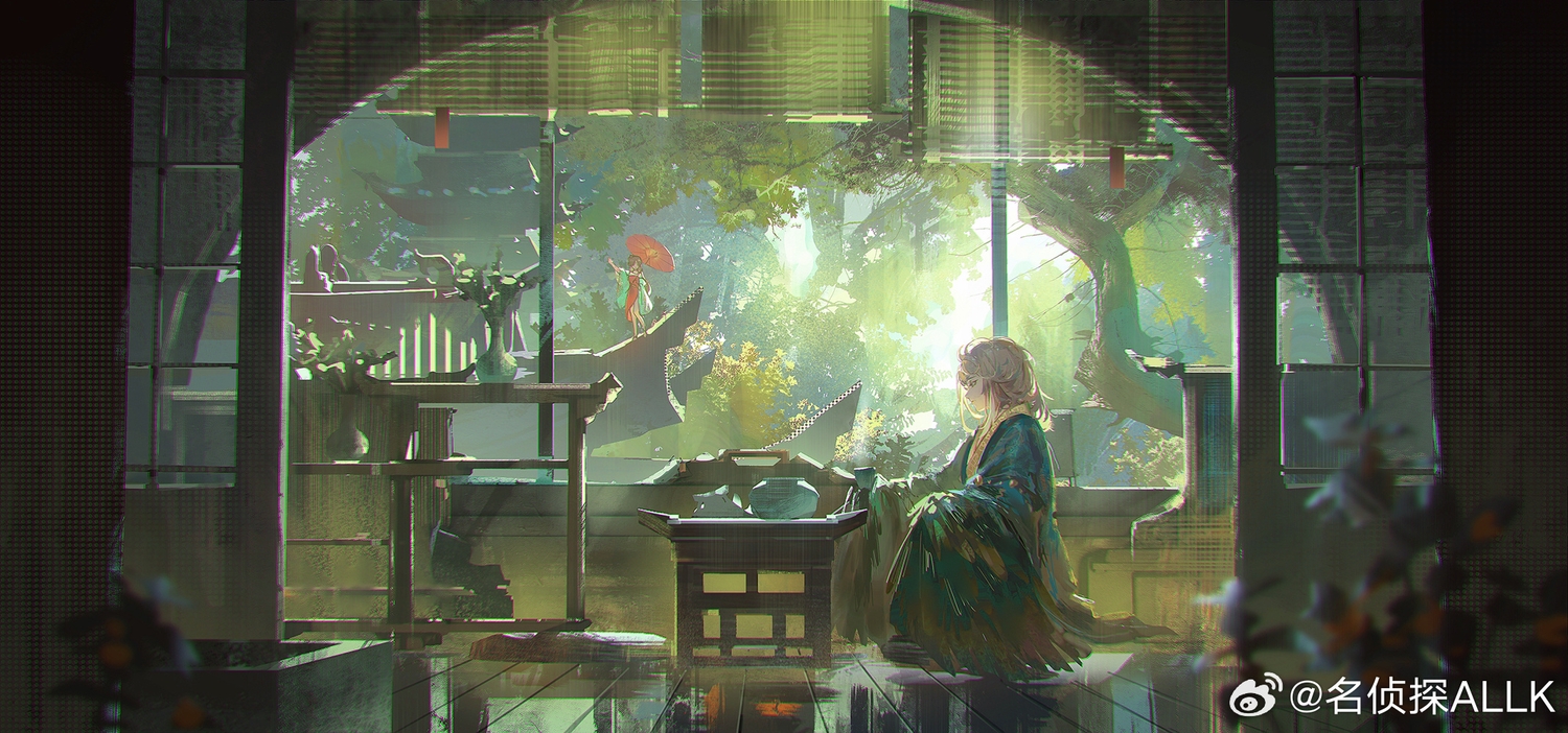 allk_(pixiv_31494296), brown_hair, chinese_clothes, drink, feathers, getian_(reverse:1999), gray_hair, jiu_niangzi, leaves, long_hair, male, reflection, reverse:1999, scenic, short_hair, sky, tree, umbrella, watermark, wings