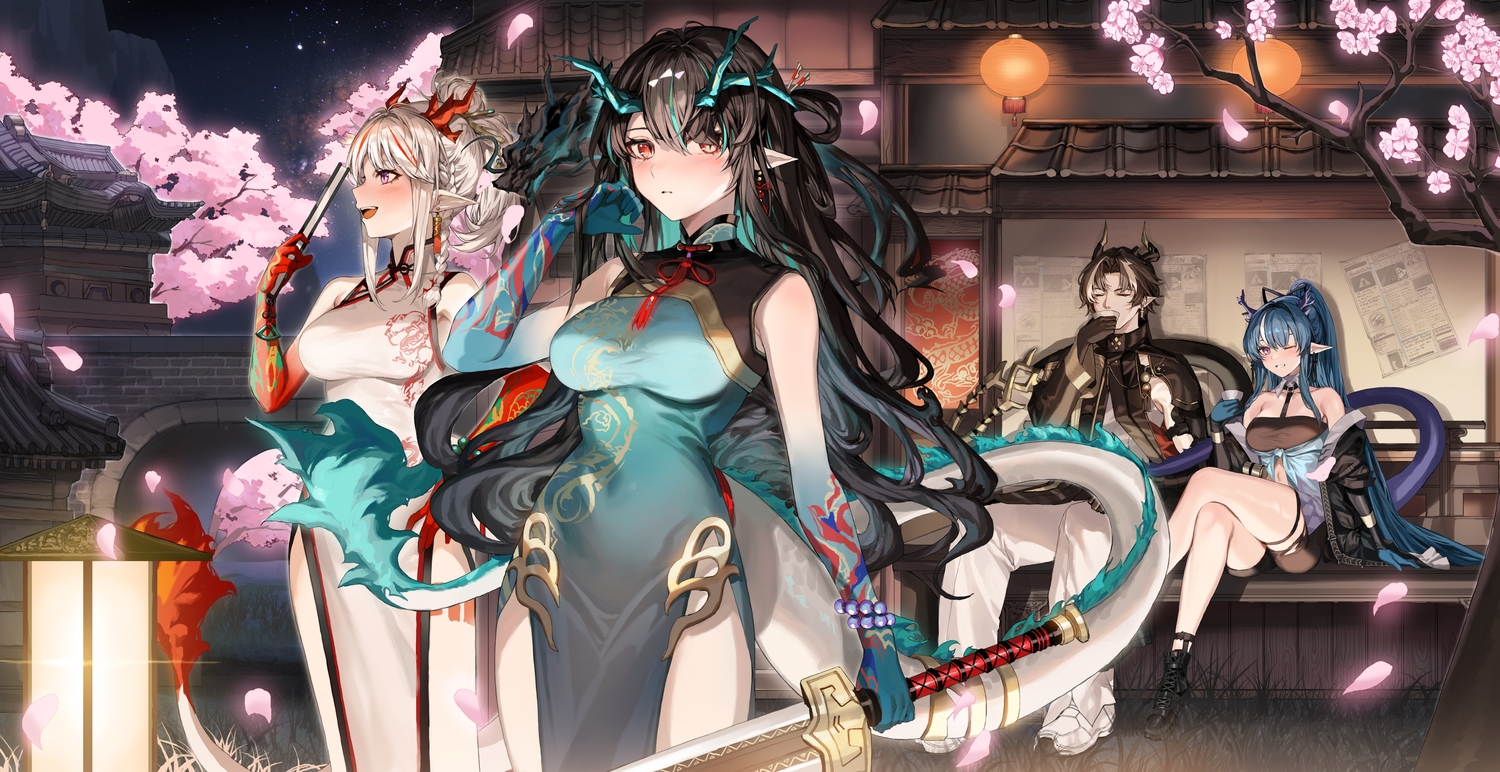 arknights, black_hair, blue_eyes, blue_hair, braids, breasts, brown_hair, building