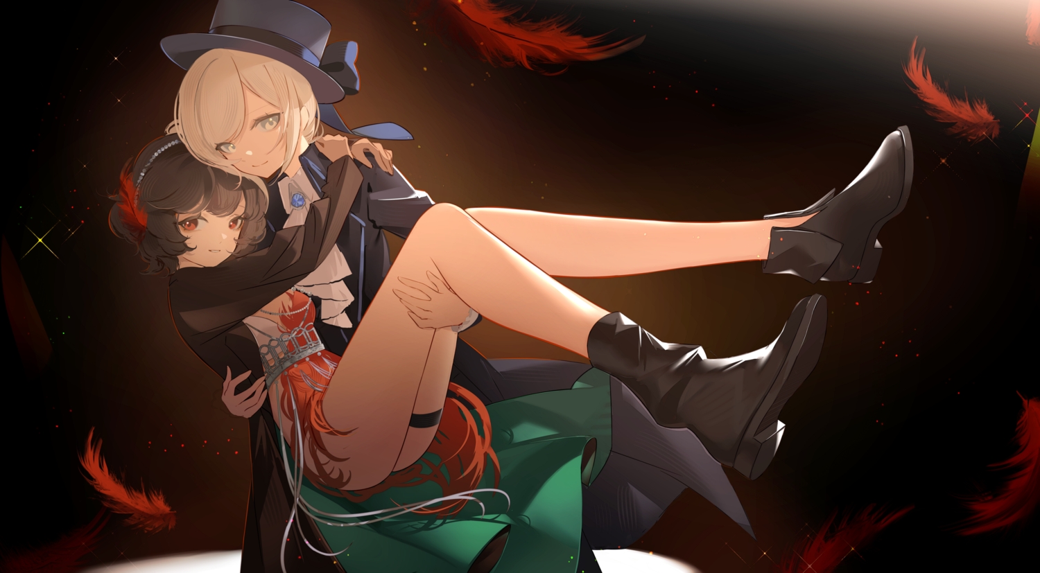 2girls, blonde_hair, boots, breasts, brown_hair, dress, feathers, garter