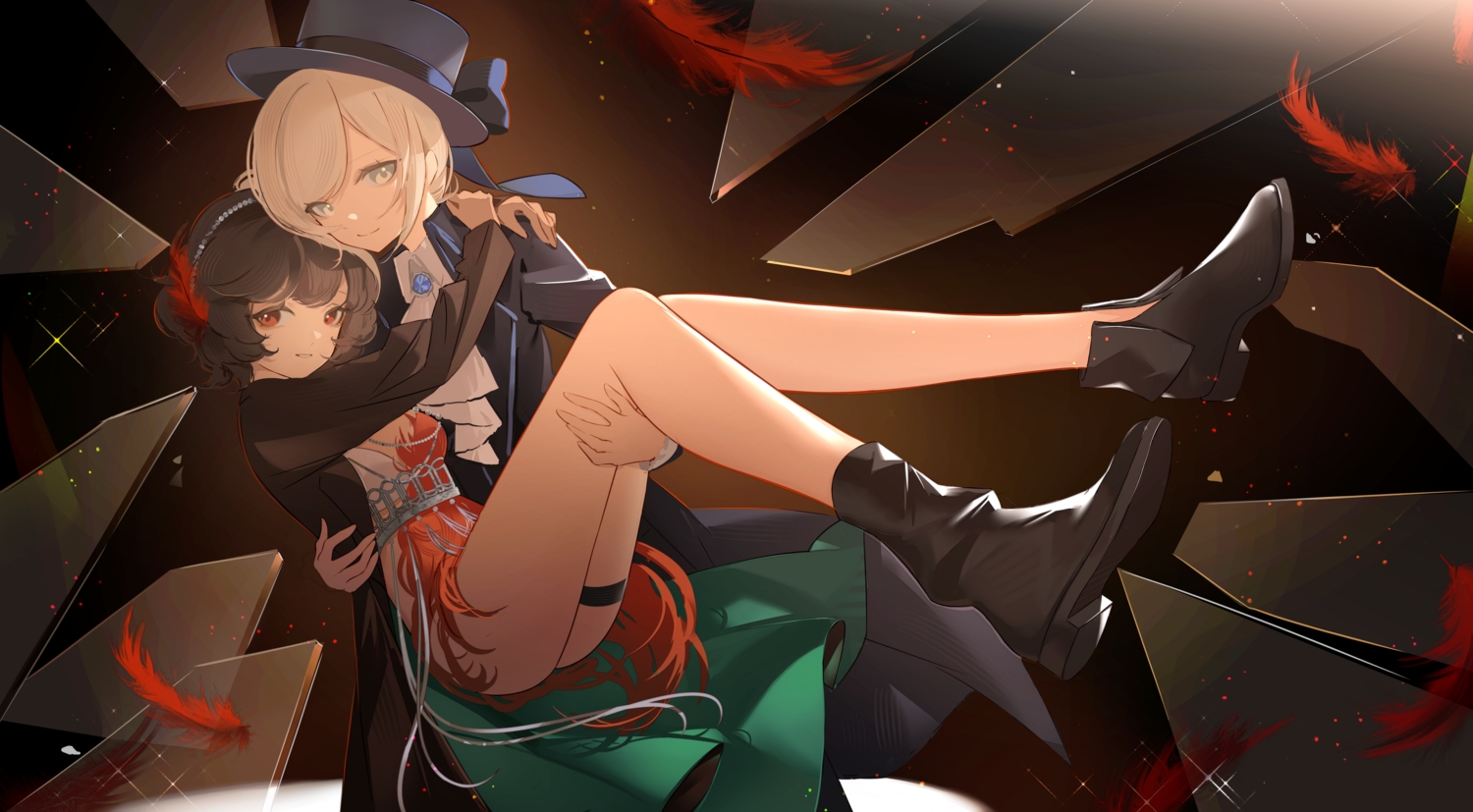 2girls, blonde_hair, boots, breasts, brown_hair, dress, feathers, garter