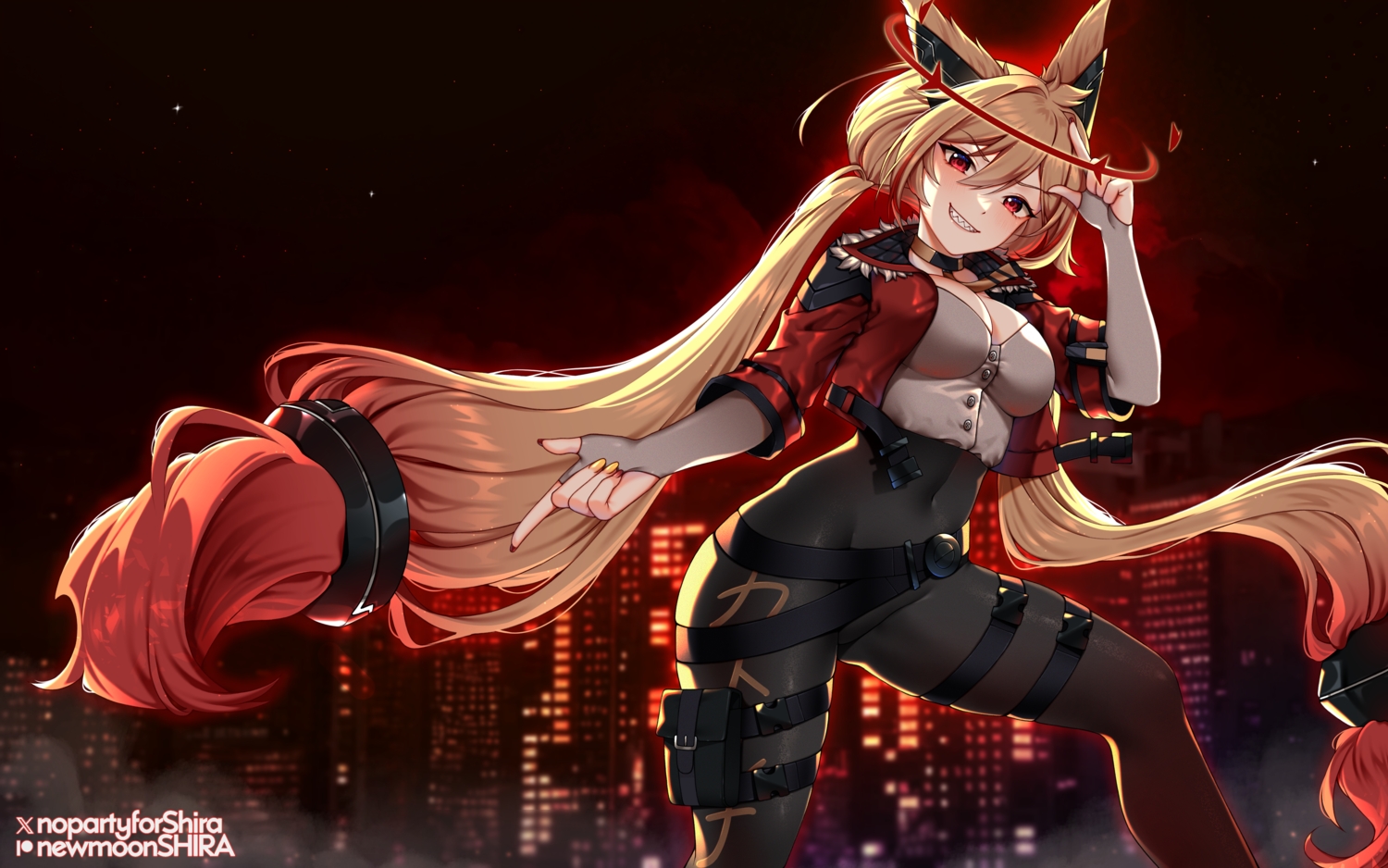 animal_ears, blonde_hair, breasts, building, catgirl, city, cleavage, elbow_gloves, garter, gloves, halo, katrena_ishkode, long_hair, newmoonshira, night, pantyhose, red_eyes, shirt, sky, stars, twintails, watermark