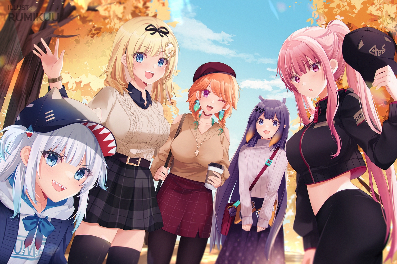 amelia_watson, autumn, blonde_hair, blue_eyes, braids, breasts, clouds, drink