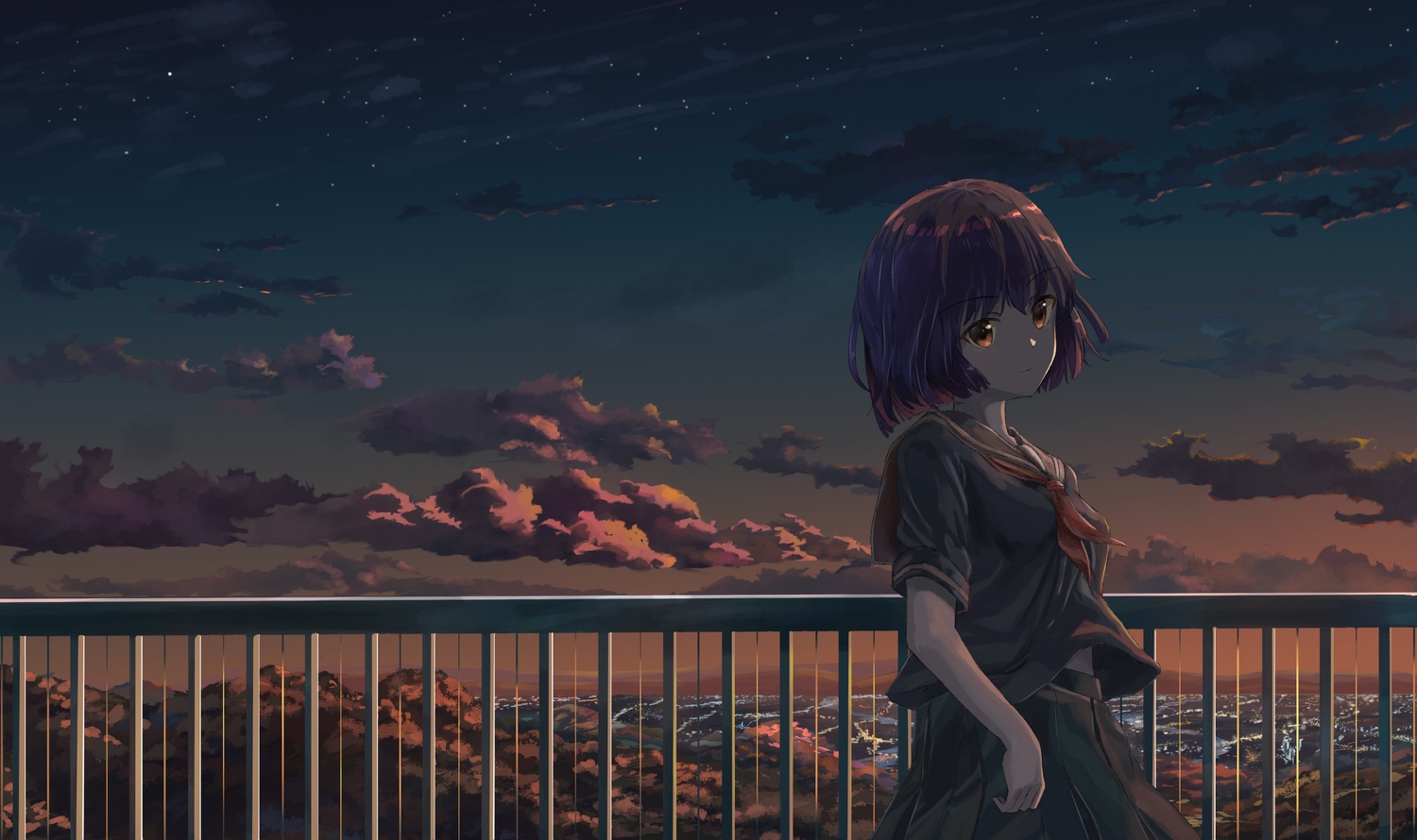 black_hair, brown_eyes, building, city, clouds, dark, original, qdsn, scenic, school_uniform, shirt, short_hair, skirt, sky, stars, summer, sunset, tree