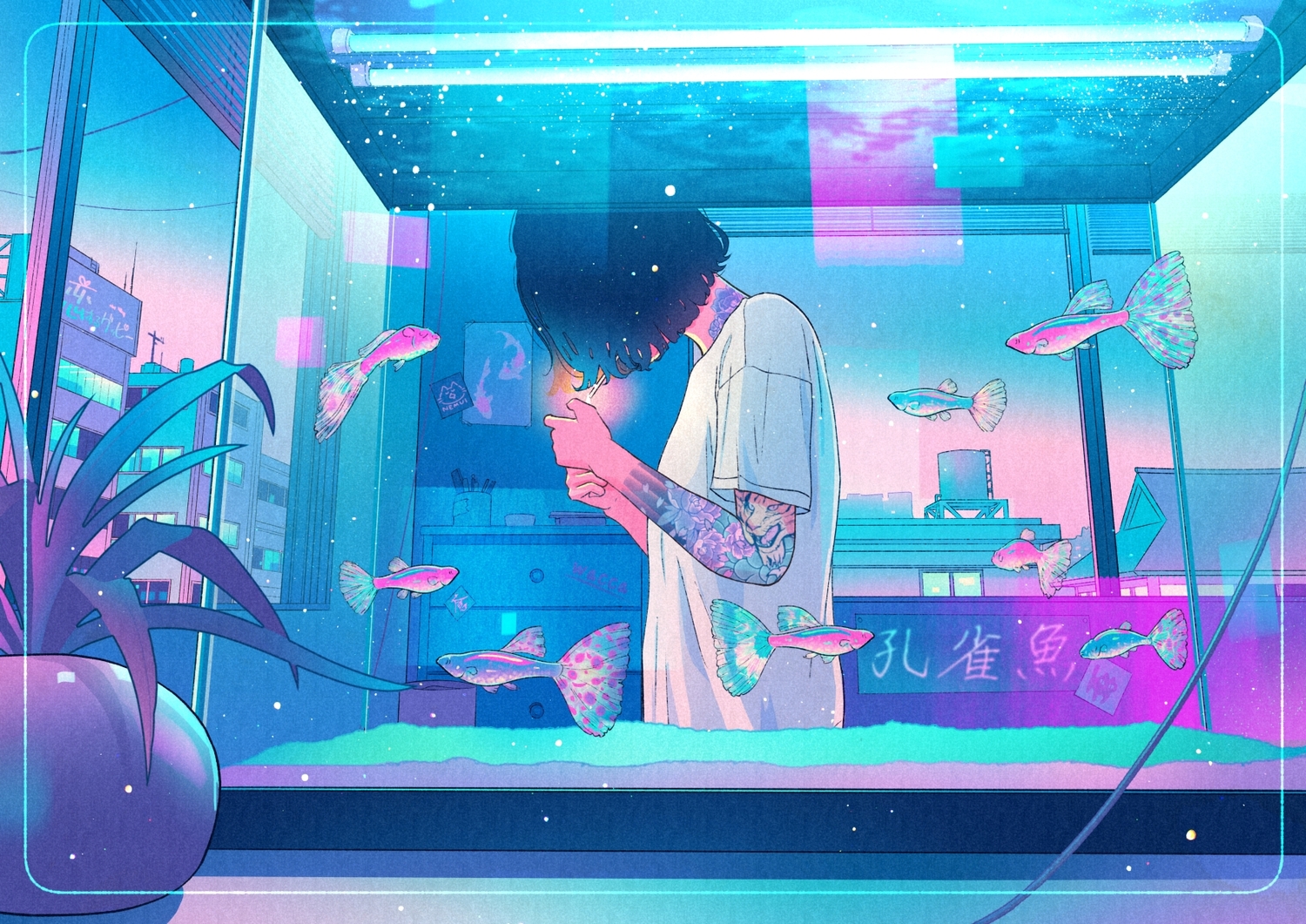 animal, black_hair, bubbles, building, cigarette, city, fish, flat_chest