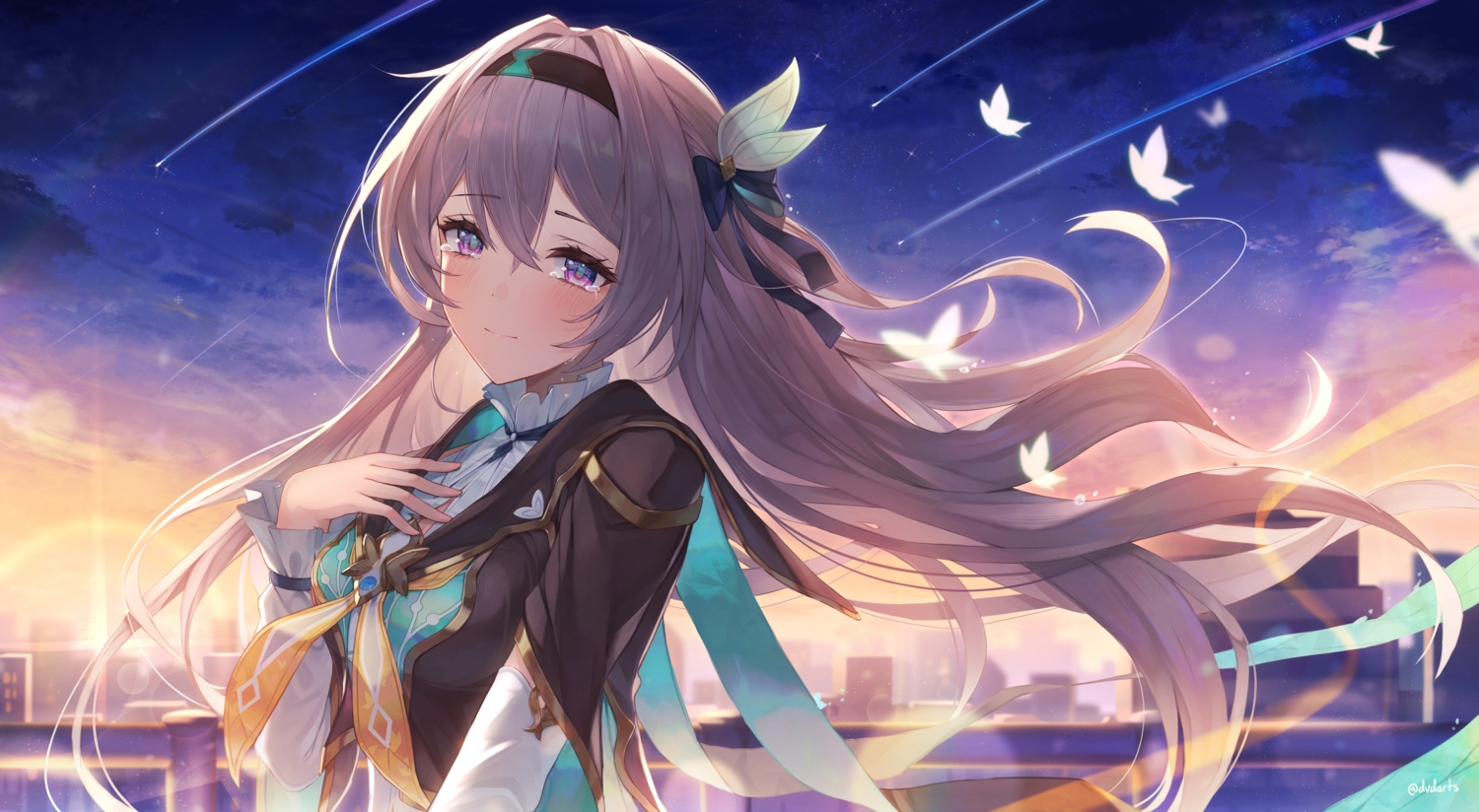 blush, bow, building, butterfly, city, clouds, crying, dress