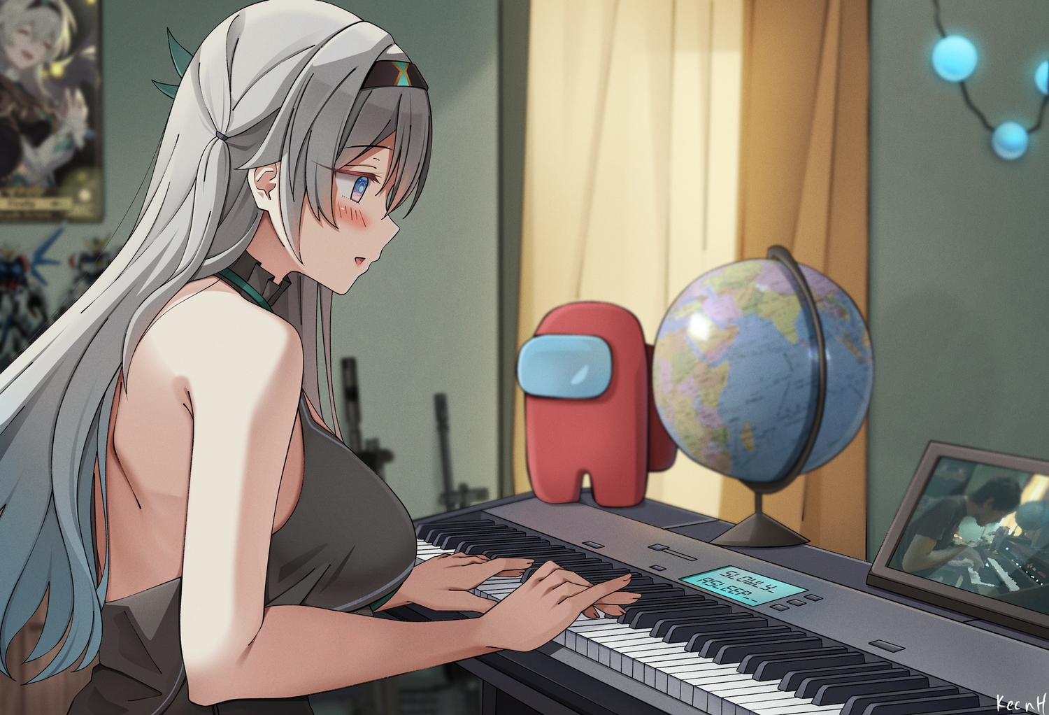 among_us, blush, breasts, computer, crewmate_(among_us), firefly_(honkai:_star_rail), gray_hair, headband, honkai_(series), honkai:_star_rail, instrument, keenh, long_hair, owl_city, piano, signed
