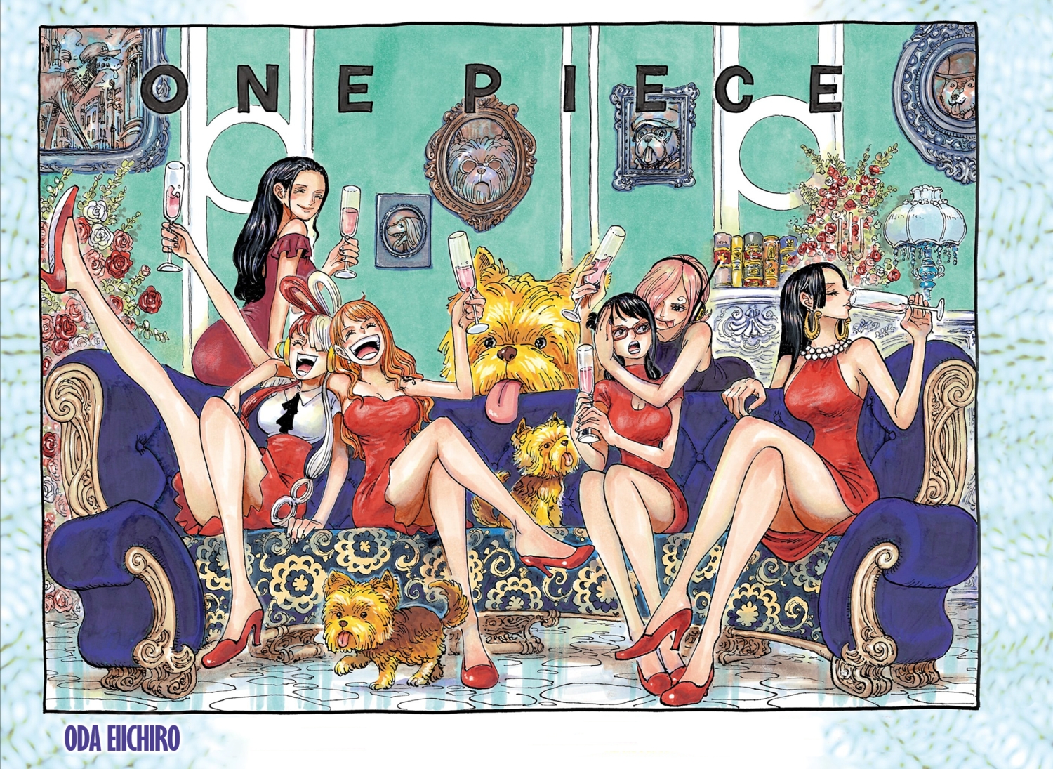 animal, black_eyes, black_hair, boa_hancock, breasts, cleavage, couch, dog