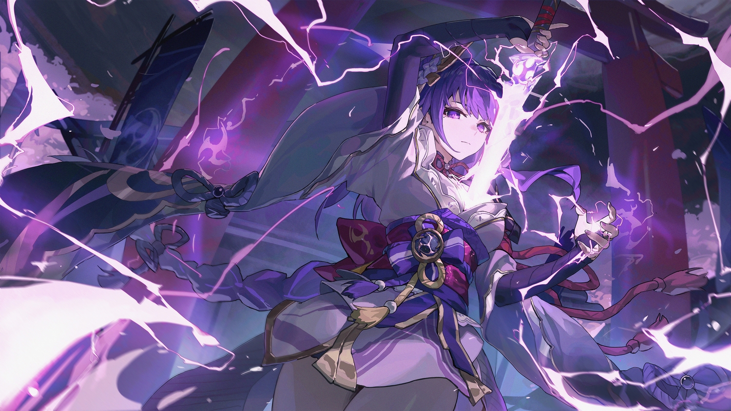 braids, breasts, elbow_gloves, genshin_impact, gloves, japanese_clothes, katana, long_hair, magic, ponytail, purple_eyes, purple_hair, r1zen, raiden_shogun, sword, weapon