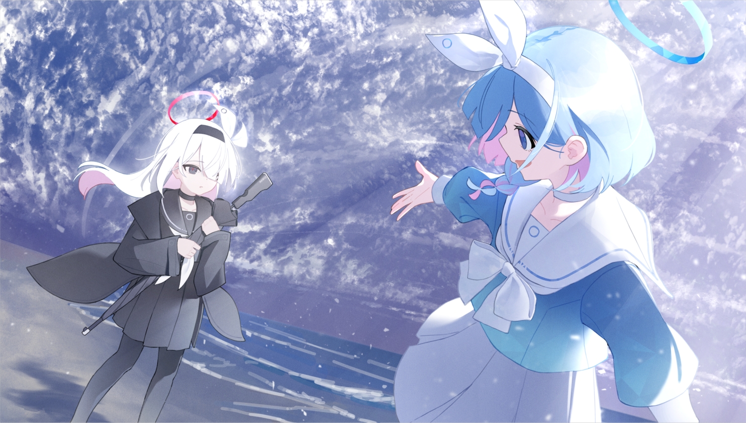 2girls, anohito401, arona_(blue_archive), black_eyes, blue_archive, blue_eyes, blue_hair, bow, braids, choker, flat_chest, halo, headband, loli, long_hair, plana_(blue_archive), school_uniform, short_hair, skirt, umbrella, water, white_hair