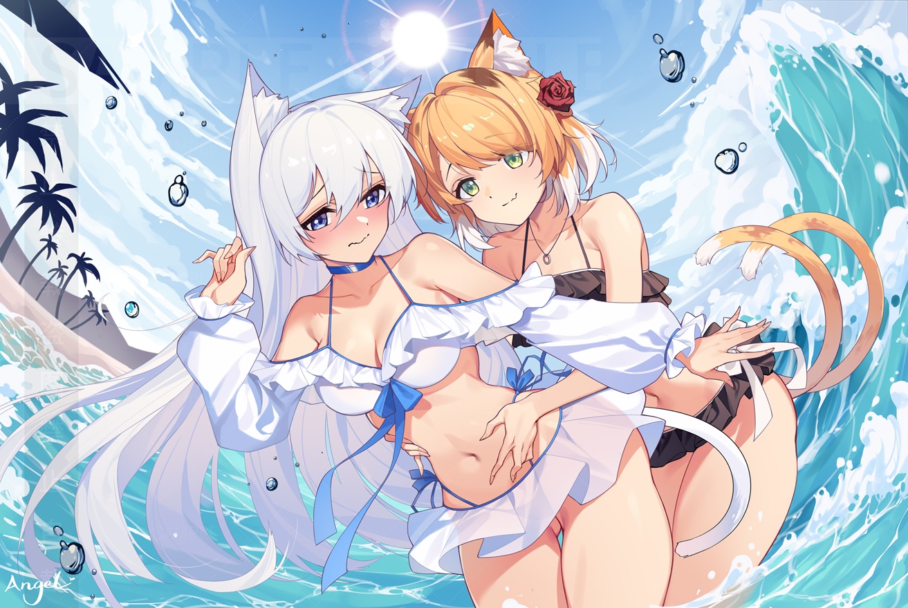 2girls, animal_ears, arknights, beach, bikini, blue_eyes, blush, breasts